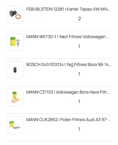 Filter set and sump-plug order.